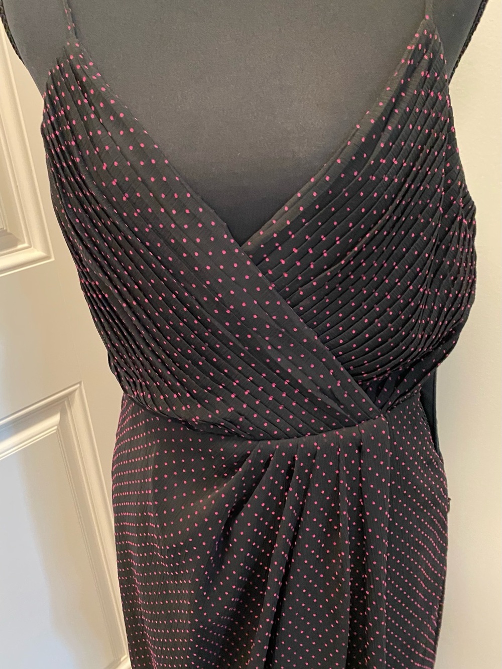 Revolve NBD Black with Pink Polka Dots Spaghetti-Strap Wrap Midi Dress NWT